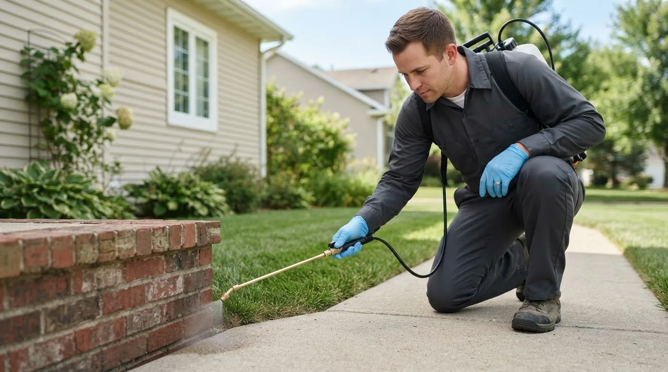 Pest control technician treating a home near Blue Rapids, KS
